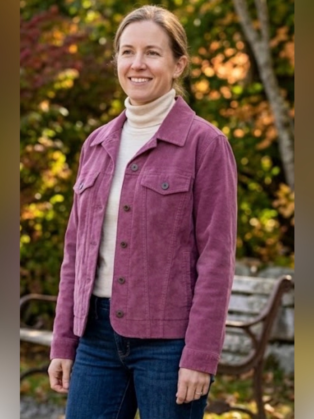 L.L. Bean Lined Stretch Corduroy Trucker Jacket Magenta Medium Petite